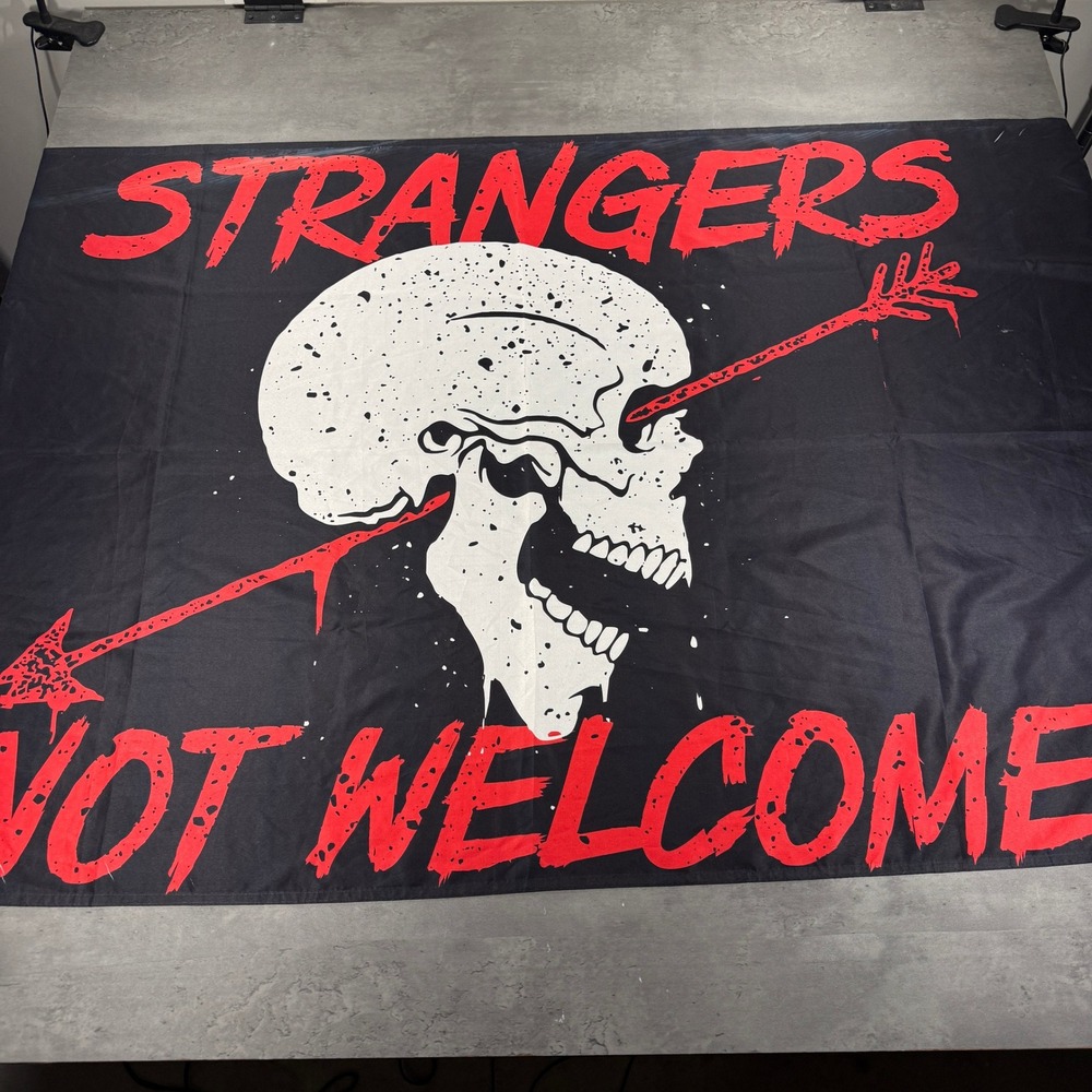 Strangers Not Welcome Banner Flag 60x34" Skull Arrow Black Red Trespassing Sign